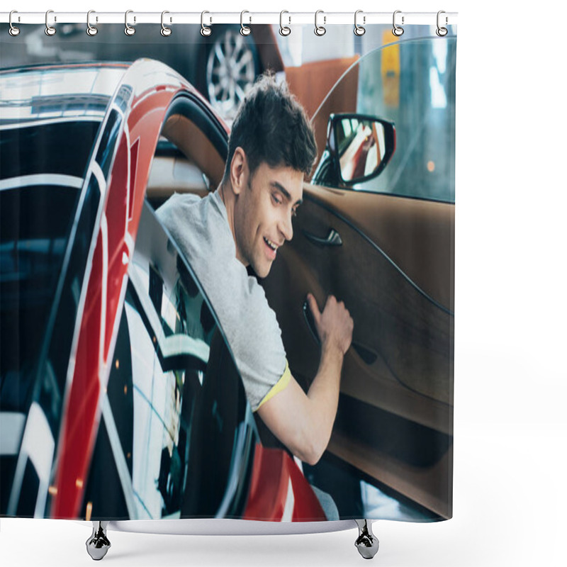 Personality  Selective Focus Of Handsome Man Sitting In New Red Car In Car Showroom Shower Curtains
