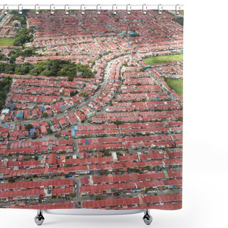 Personality  Vertical Of An Aerial Of Large Subdivision Of Townhouses With A Curving Main Avenue. In Malagasang, Imus, Cavite. Shower Curtains