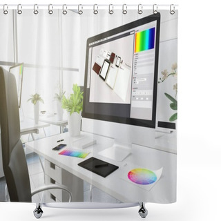 Personality  Graphic Design  On Computer Screen, Creative Studio Workplace With Colour Swatches On The Table, 3d Rendering Shower Curtains