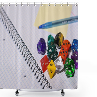 Personality  Open Exercise Book With Sticky Card, Pen And Role Playing Dices Shower Curtains