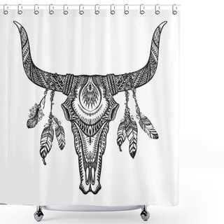Personality  Bull Skull With Feathers. Hand Drawn Sketch Native American Totem Shower Curtains