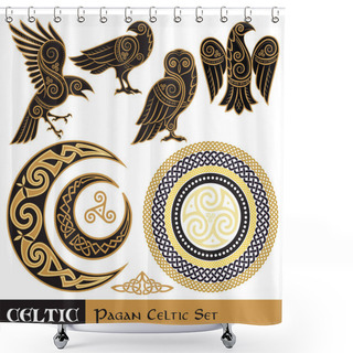 Personality  Celtic Magic Set. Celtic Horned Moon And Sun, Celtic Owl, Celtic Raven, Isolated On White, Vector Illustration Shower Curtains
