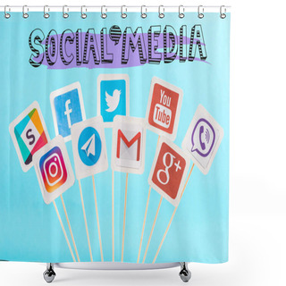 Personality  Social Media Lettering And Icons Isolated On Blue Shower Curtains