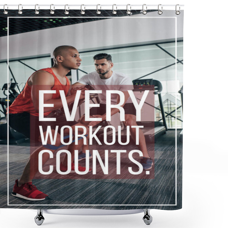 Personality  Attentive Trainer Supporting African American Sportsman Near Illustration With Every Workout Counts Inscription Shower Curtains