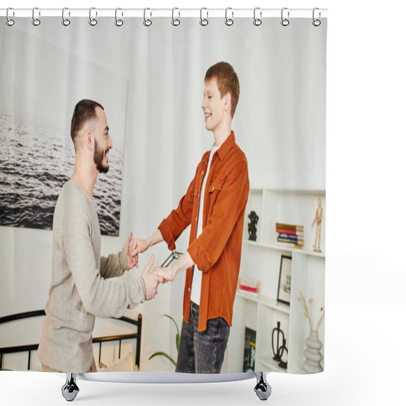 Personality  Excited Gay Couple Holding Hands While Having Fun In Bedroom At Home Shower Curtains