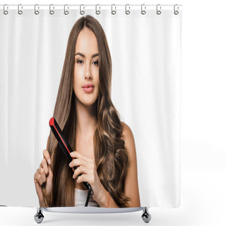 Personality  Beautiful Girl With Long Brown Hair Using Straightener And Looking At Camera Isolated On White Shower Curtains