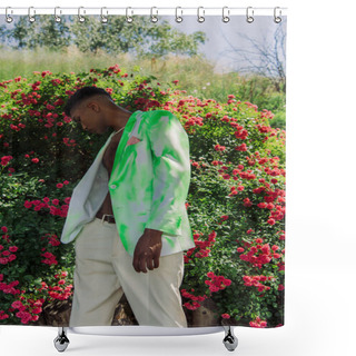 Personality  African American Man In Trendy Green And White Blazer Looking At Blossoming Bushes In Park Shower Curtains