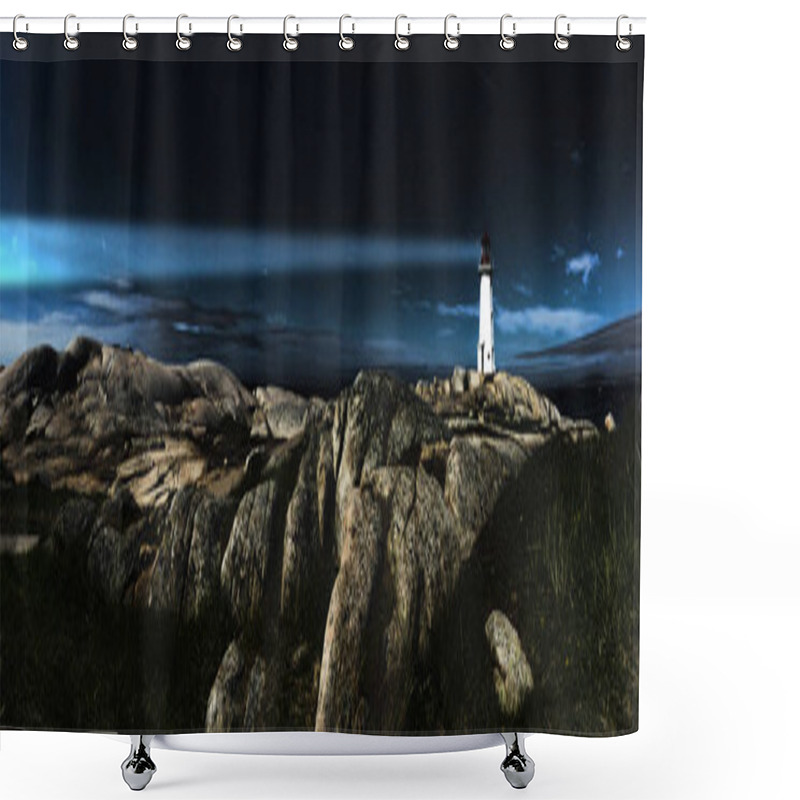 Personality  A Panorama Of Peggy's Cove Lighthouse, Nova Scotia At Night Shower Curtains