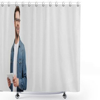 Personality  Young Man In Eyeglasses Smiling And Holding Digital Tablet Isolated On Grey, Banner Shower Curtains