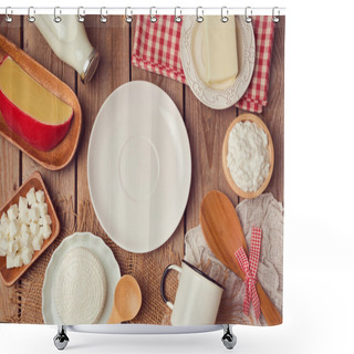 Personality  Milk And Cheese Around Empty Plate  Shower Curtains