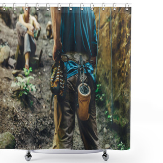 Personality  Close-Up Of A Thigh Climber With Equipment On A Belt, Stands On A Rock. Extreme Hobby Concept Shower Curtains