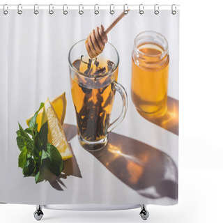 Personality  Healthy Tea With Honey, Lemon And Mint On White Tabletop Shower Curtains