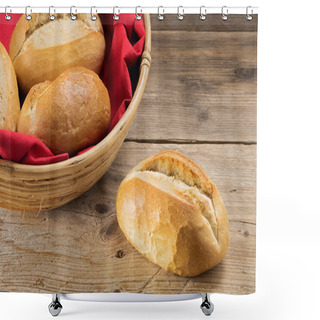 Personality  Bun And Bread Rolls In A Basket Whith Red Napkin On Old Wood Shower Curtains