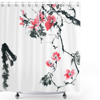 Personality  Blossom Sakura. Flowers Illustration.. Shower Curtains