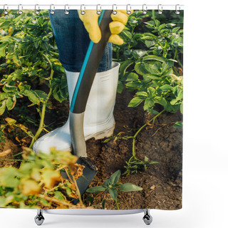 Personality  Partial View Of Farmer In Rubber Boots Digging Ground In Field With Shovel Shower Curtains