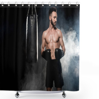 Personality  Pensive Sportsman In Boxing Gloves Standing Near Punching Bag On Black With Smoke Shower Curtains