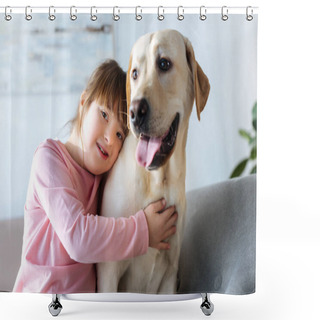 Personality  Child With Down Syndrome Embracing Labrador Retriever And Looking At Camera Shower Curtains