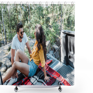 Personality  Happy Man In Sunglasses Looking At Woman While Sitting In Car Trunk In Woods  Shower Curtains