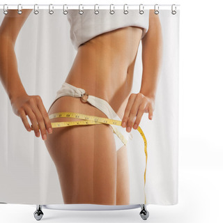 Personality  Rear View Of Sporty Woman With Slim Body Measuring Hips - Model  Shower Curtains