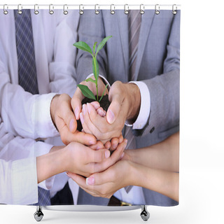 Personality  Business Team Holding Together Fresh Green Sprout Closeup Shower Curtains