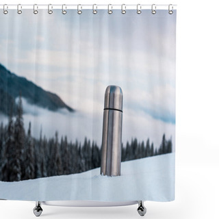 Personality  Metallic Vacuum Flask In Snowy Mountains With Pine Trees And White Fluffy Clouds Shower Curtains
