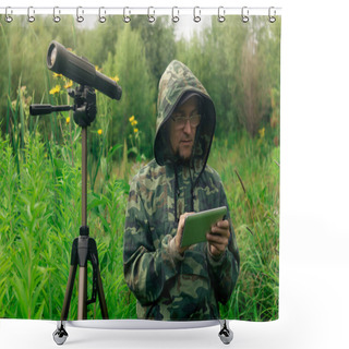 Personality  Man Ornitologist Looks At Or Writes Down Information On The Tablet While Standing Among The Tall Grass In The Wetland Shower Curtains