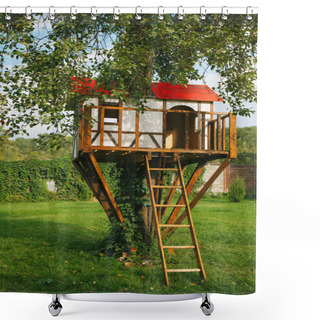Personality  Cute Small Tree House For Kids On Backyard. Shower Curtains