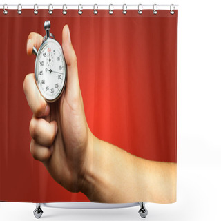 Personality  Close Up Of Hand Holding Stopwatch Shower Curtains