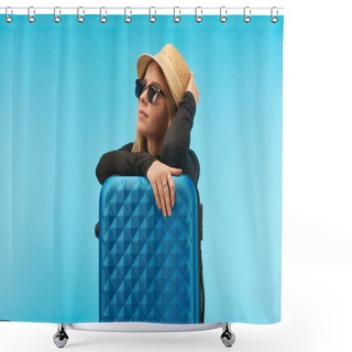Personality  Blonde Girl In Sunglasses And Straw Hat Near Blue Suitcase Isolated On Blue Shower Curtains
