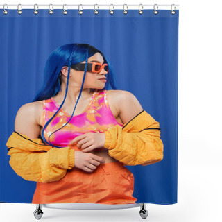 Personality  Fashion Forward, Young Female Model With Blue Hair And Trendy Sunglasses Isolated On Blue Background, Generation Z, Rebel Style, Colorful Clothes, Individualism, Modern Woman Looking Away Shower Curtains