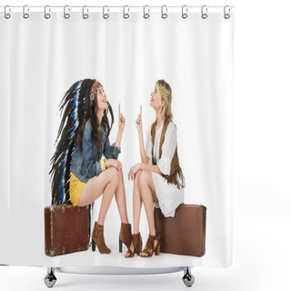 Personality  Two Bisexual Hippie Girls In Indian Headdress And Wreath Sitting On Suitcases And Pointing Up With Fingers Isolated On White Shower Curtains