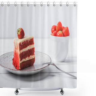 Personality  Piece Of Red Cake Decorated With Strawberry On Saucer Near Cup Of Fruits Isolated On White  Shower Curtains