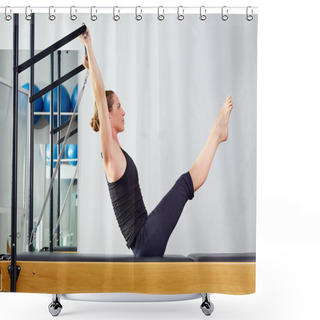 Personality  Pilates Woman In Reformer Teaser Exercise At Gym Shower Curtains