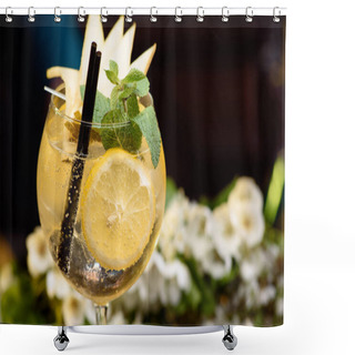 Personality  Summer Cocktail Decorated With Mint, Lemon And Slices Pears On A Wooden Table On A Floral Background Shower Curtains