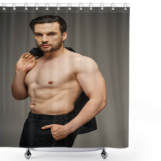 Personality  Shirtless And Handsome Man With Bristle And Bare Chest Posing In Pinstripe Pants And Holding Jacket Shower Curtains