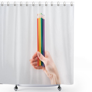 Personality  Partial View Of Female Hand With Rainbow Colored Pencils Isolated On Grey, Lgbt Concept Shower Curtains