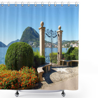 Personality  Gate At Lake Of Villa Ciani Shower Curtains