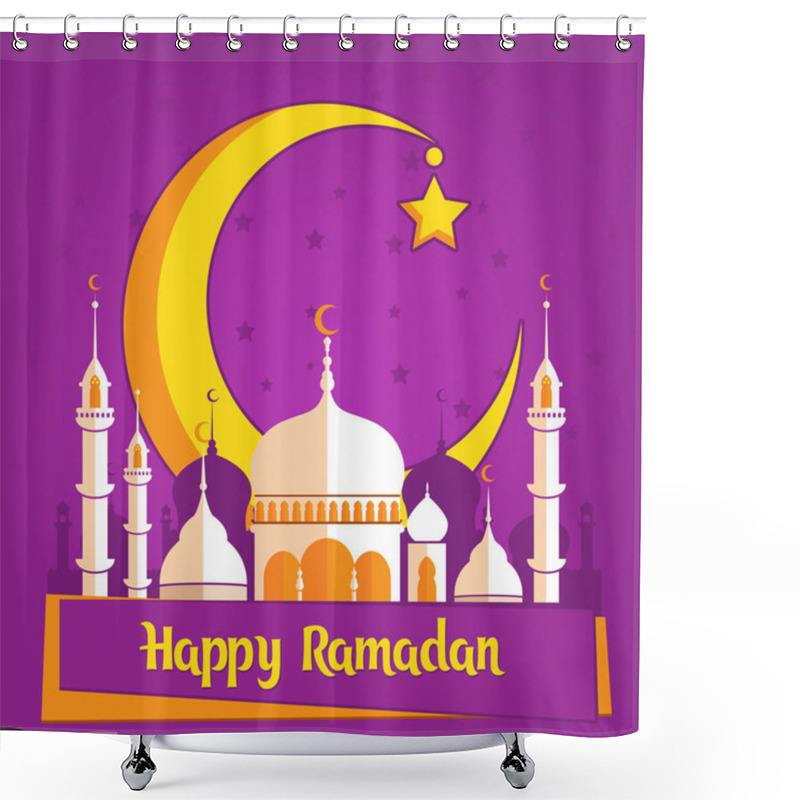 Personality  Greeting Card Template For Muslim Holiday With Flat Illustration Of Islamic Mosque And Crescent Moon. Traditional Ramadan Kareem Month Celebration. Shower Curtains