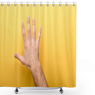 Personality  Cropped View Of Man Showing Five Fingers On Yellow Background  Shower Curtains