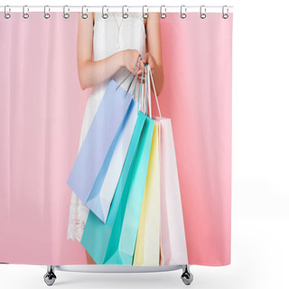 Personality  Cropped View Of Young Woman Holding Shopping Bags On Pink  Shower Curtains