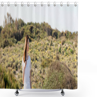 Personality  Young Brunette Woman Looking Away On Grassy Beach, Banner  Shower Curtains