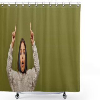 Personality  Shocked Preteen Kid With Colored Hair Wearing Modern Knitted Sweater While Looking At Camera And Pointing With Fingers Isolated On Green, Banner, Fashion-forward Preteen With Sense Of Style Shower Curtains