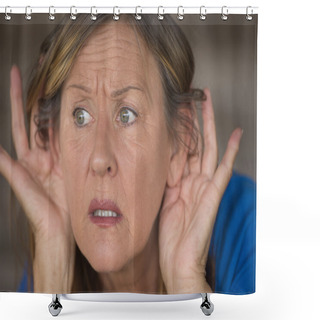 Personality  Woman Listening Anxious To Sound And Noises Shower Curtains