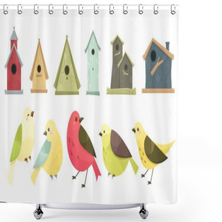 Personality  Vector Illustration Wood House And Birds. Shower Curtains