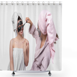 Personality  Sisters Help Each Other To Remove Face Masks From The Face To Heal The Skin. Have A Great Time Together And Have Fun. Shower Curtains