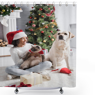 Personality  Excited African American Girl Looking At Labrador Dog While Holding Cat Near Christmas Tree  Shower Curtains