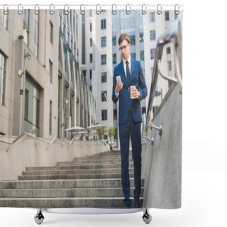 Personality  Handsome Young Businessman In Stylish Suit With Paper Cup Of Coffee Using Smartphone Near Business Building Shower Curtains