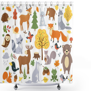 Personality  Woodland Animals Set, Cute Fox, Bear, Wolf, Rabbit And Birds. Perfect For Scrapbooking, Cards, Poster, Tag, Sticker Kit. Hand Drawn Vector Illustration. Shower Curtains