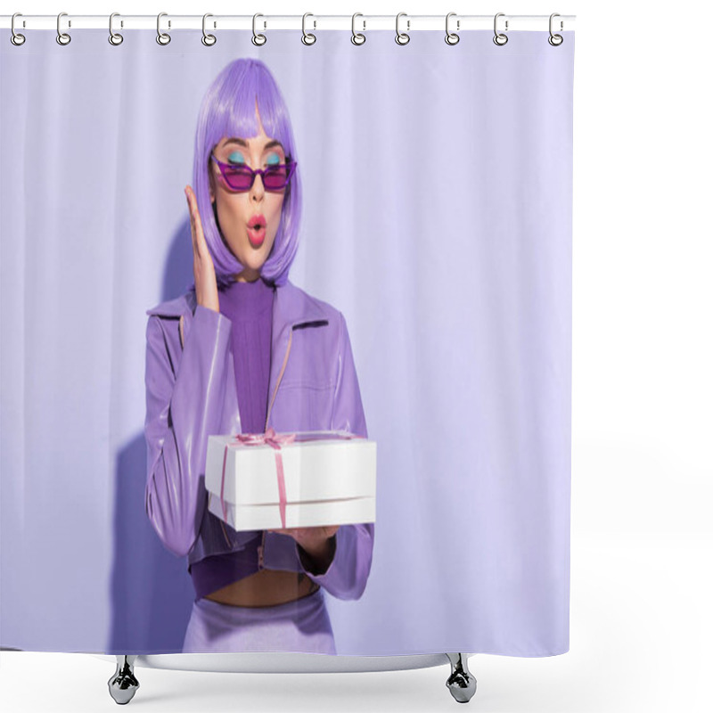 Personality  Shocked Young Woman Dressed In Doll Style With Cupcake Box On Violet Colorful Background Shower Curtains