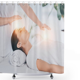 Personality  Cropped Shot Of Reiki Healer Doing Therapy Session To Calm Young Woman With Closed Eyes Shower Curtains